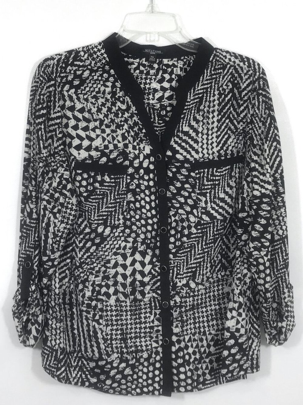 Notations Petite V-Neck Blouse Button Front Satin Ribbon Trim Black White PXL